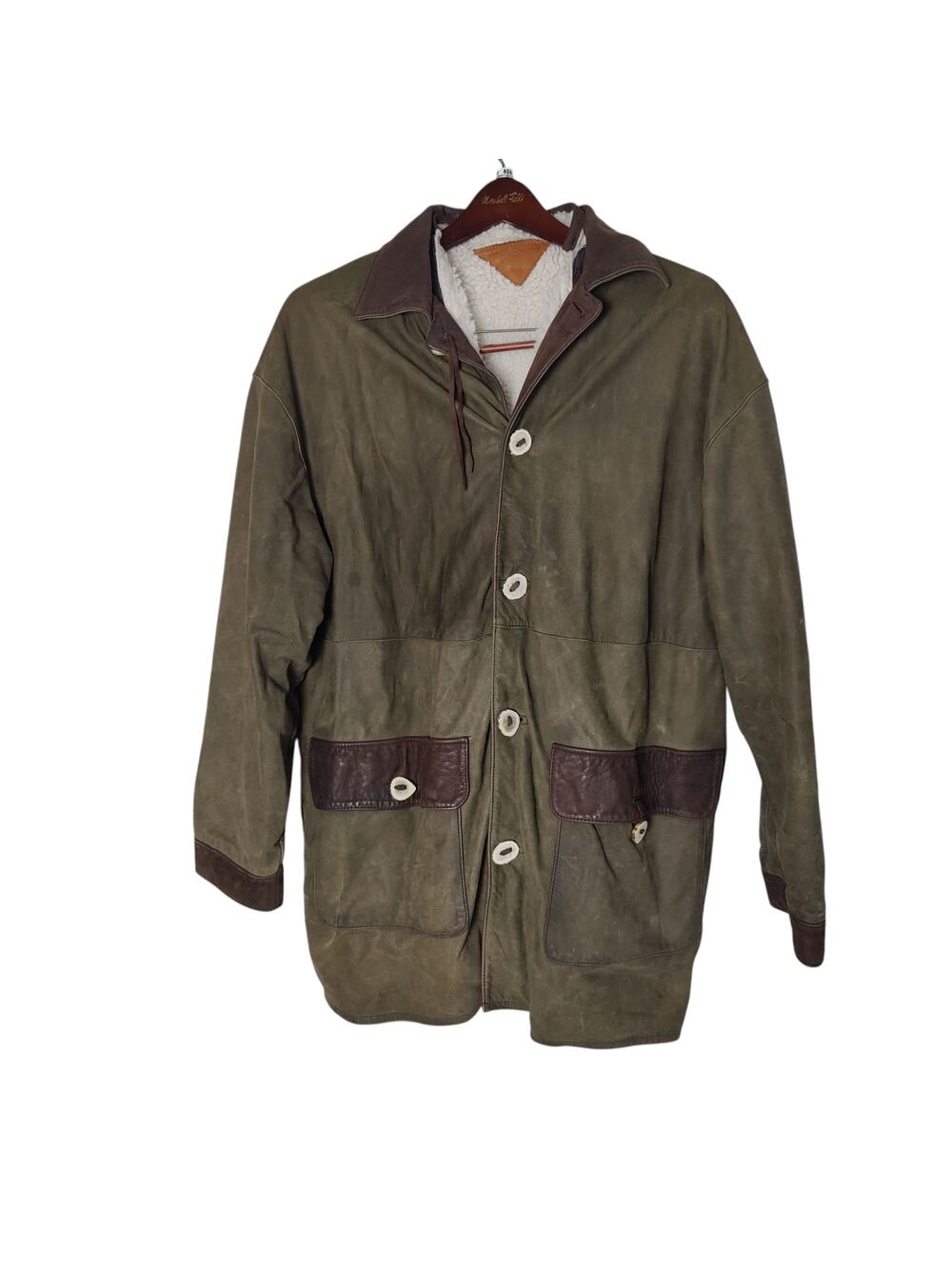 Du Sault Men's Sz XXL Green Suede Coat Sherpa Fleece Lining Antler Bone Buttons
